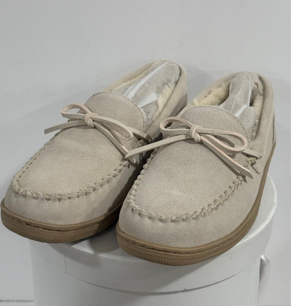 Moccasin Slippers Memory Foam Leather Cozy House Shoes Women Size 9 Beige Indoor